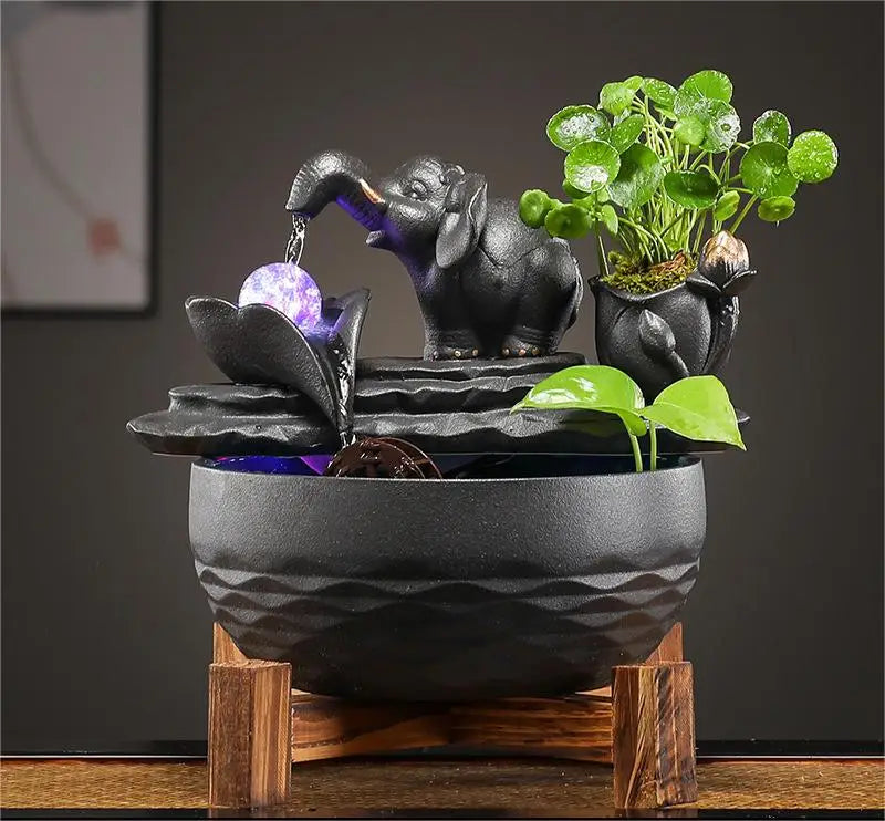 Adornos de agua corriente con elefante con logotipo personalizado que atraen riqueza Bola de cristal que fluye en la sala de estar Fuente de la suerte y la paz Fenshui