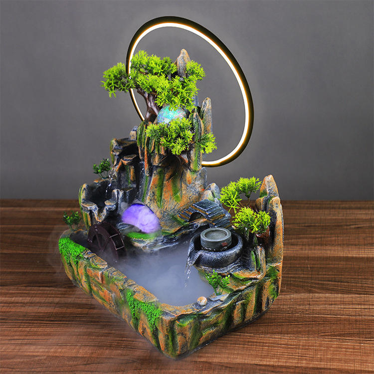 Zen Water Fountain Decoration Feng Shui Rockery Flowing Water Fountain Waterfall Rockery Fountain With LED Light