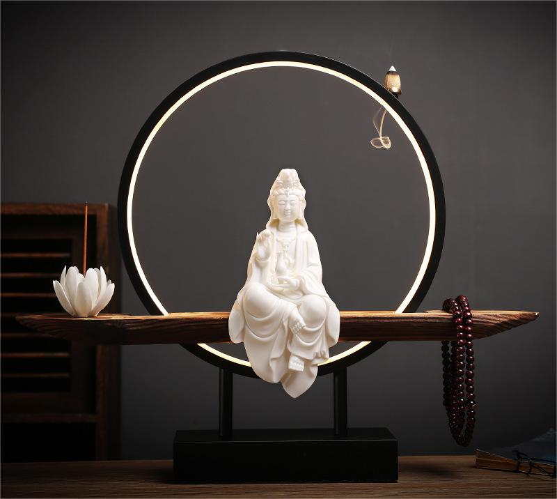 CHENYISHI Creative White Porcelain Guanyin Buddha Statue Zen Home Tea Room Decorations Aromatherapy Furnace Backflow Incense Burner Lamp