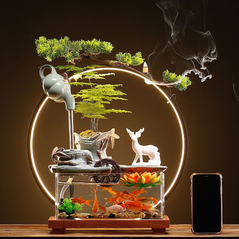 Hanging pot, bamboo rhyme, flowing water, water ornaments, circulating water fish tank, home living room, desk, porch decoration