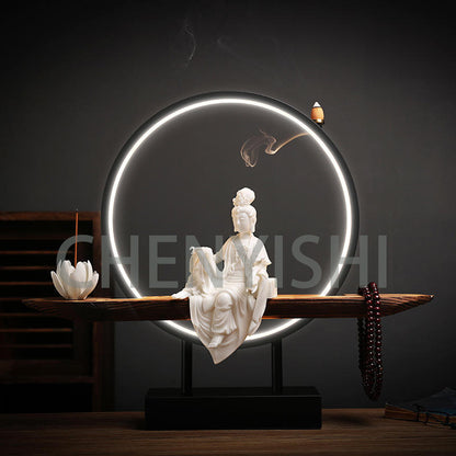 CHENYISHI Creative White Porcelain Guanyin Buddha Statue Zen Home Tea Room Decorations Aromatherapy Furnace Backflow Incense Burner Lamp