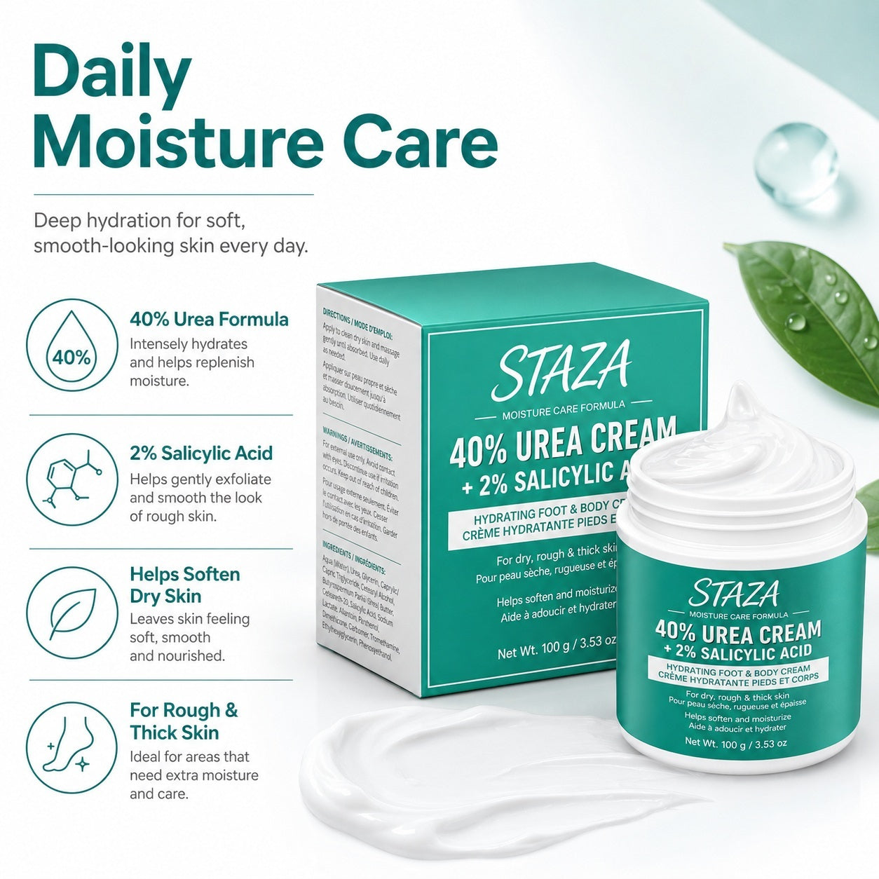 40% Urea Cream with 2% Salicylic Acid, Foot and Body Moisturizer for Dry Rough Thick Skin, Heels Elbows Knees, Fast Absorbing
