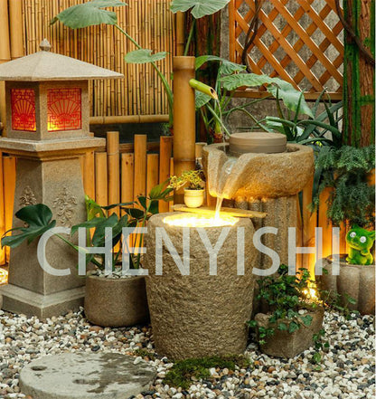 CHENYISHI Pastoral Japanese Water Fountain Sandstone Yard Landscape Courtyard Fish Pond Flowing Water Ornaments Rockery Fountain