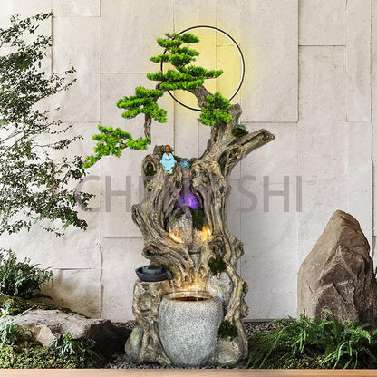 CHENYISHI Lucky Circulating Water Fountain Pastoral Ancient Wood Feng Shui Ornaments Home Living Room Entrance Courtyard Landscaping Decor