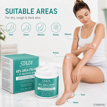40% Urea Cream with 2% Salicylic Acid, Foot and Body Moisturizer for Dry Rough Thick Skin, Heels Elbows Knees, Fast Absorbing