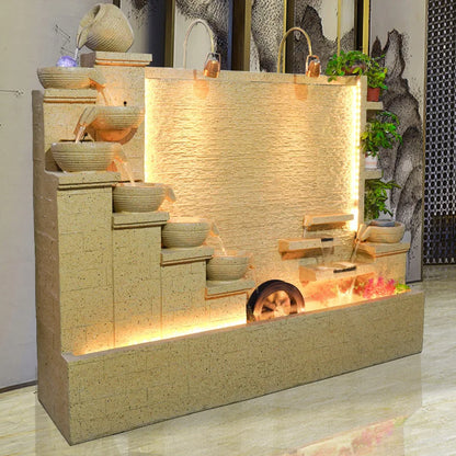 Zen Garden Water Fountain with Led Lights  Big Cement River Streaming Waterfall Features for Patio Garden Decor