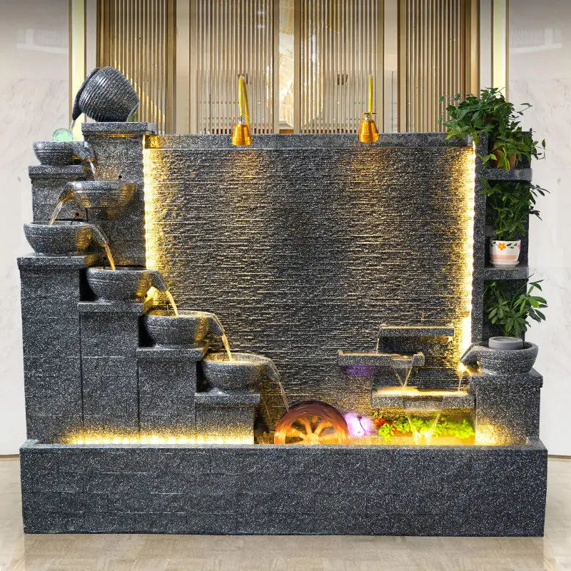 Zen Garden Water Fountain with Led Lights  Big Cement River Streaming Waterfall Features for Patio Garden Decor
