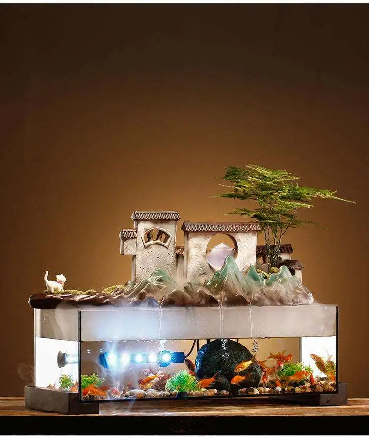 Countryside Village Rockery Water Fountain Fish Tank Office Desktop Aquarium Housewarming Gift Zen Garden Aquarium