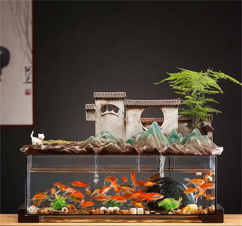 Countryside Village Rockery Water Fountain Fish Tank Office Desktop Aquarium Housewarming Gift Zen Garden Aquarium