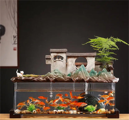 Countryside Village Rockery Water Fountain Fish Tank Office Desktop Aquarium Housewarming Gift Zen Garden Aquarium