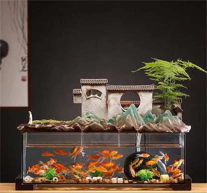 Countryside Village Rockery Water Fountain Fish Tank Office Desktop Aquarium Housewarming Gift Zen Garden Aquarium