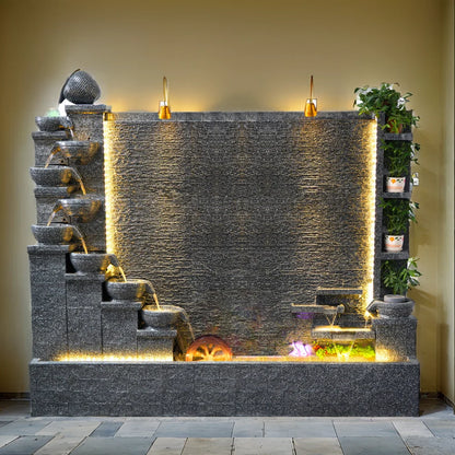 Zen Garden Water Fountain with Led Lights  Big Cement River Streaming Waterfall Features for Patio Garden Decor