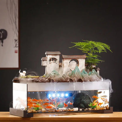 Countryside Village Rockery Water Fountain Fish Tank Office Desktop Aquarium Housewarming Gift Zen Garden Aquarium