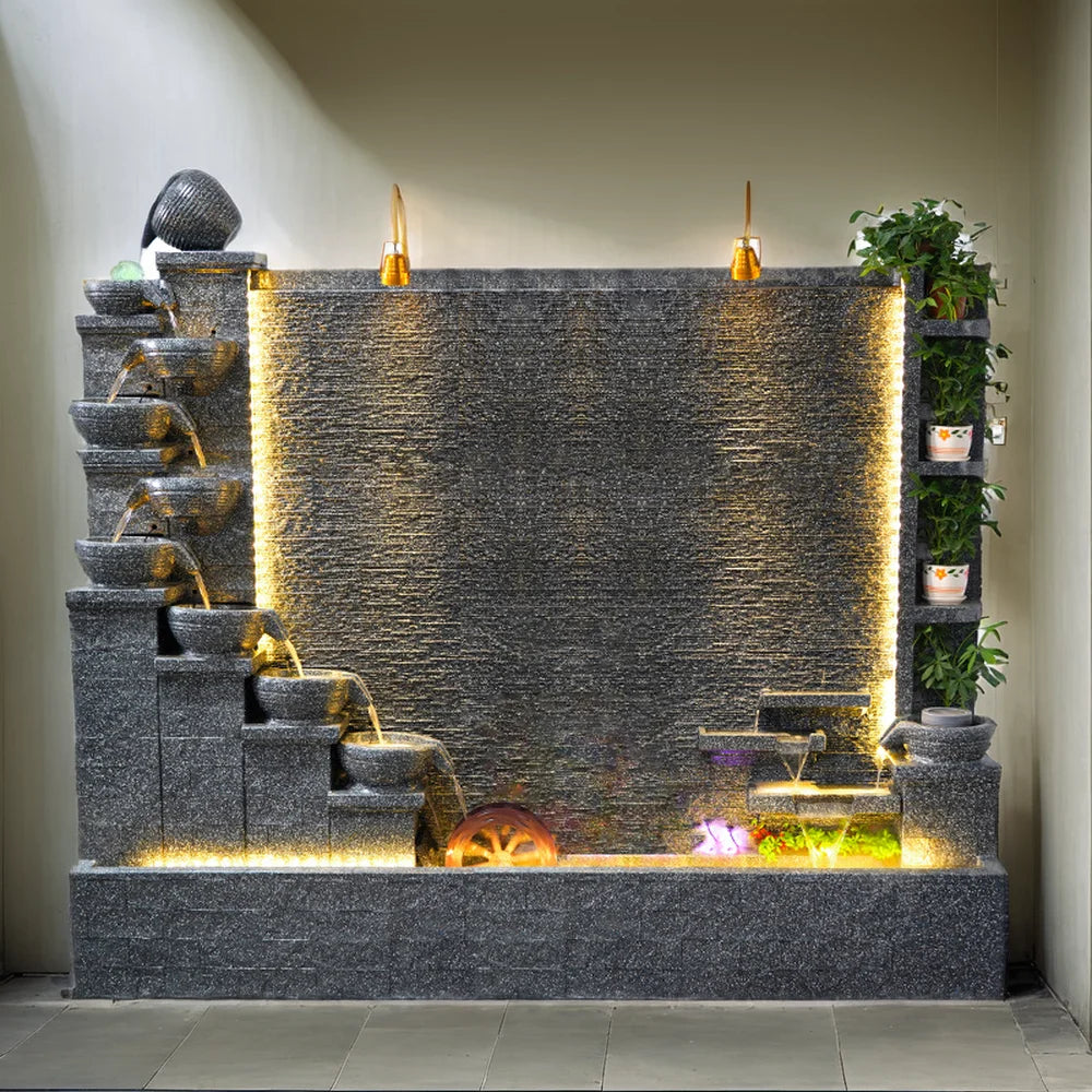 Zen Garden Water Fountain with Led Lights  Big Cement River Streaming Waterfall Features for Patio Garden Decor