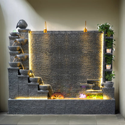 Zen Garden Water Fountain with Led Lights  Big Cement River Streaming Waterfall Features for Patio Garden Decor