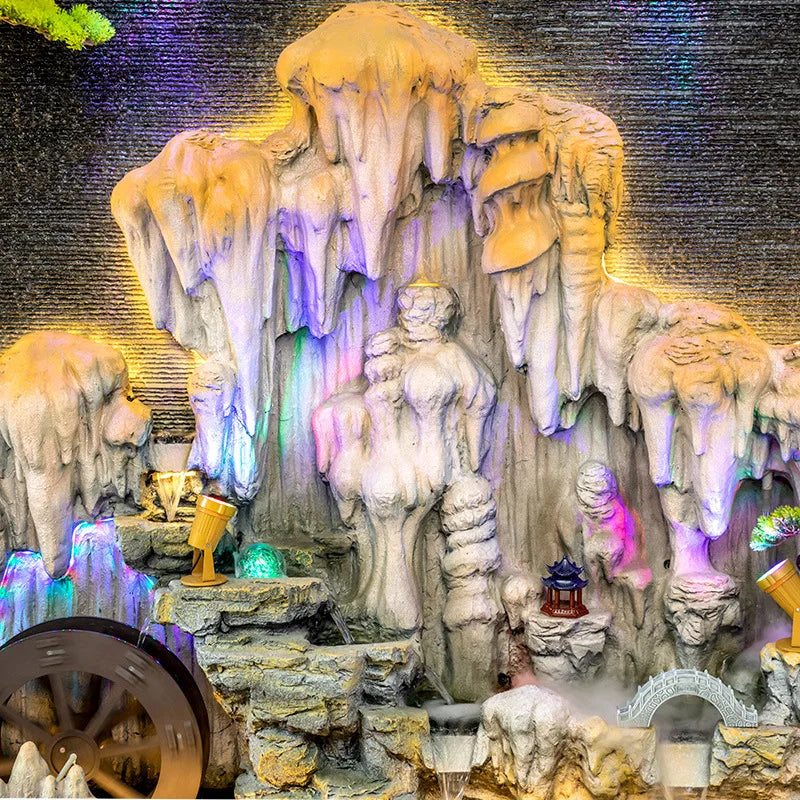 Stalactite Water Curtain Wall With Colorful Light New Chinese Style Courtyard Villa Hotel Floor-to-ceiling Resin Landscape