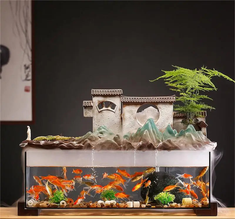 Countryside Village Rockery Water Fountain Fish Tank Office Desktop Aquarium Housewarming Gift Zen Garden Aquarium
