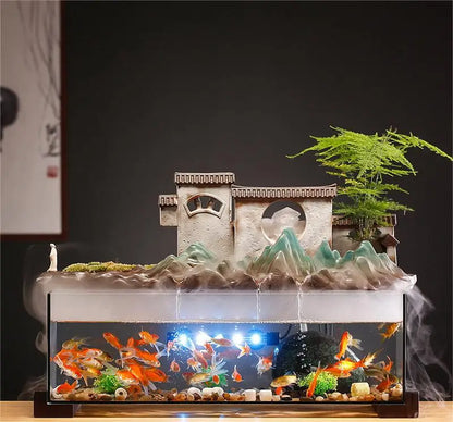 Countryside Village Rockery Water Fountain Fish Tank Office Desktop Aquarium Housewarming Gift Zen Garden Aquarium
