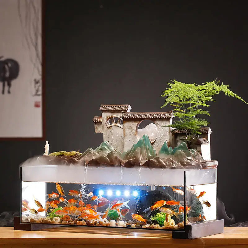 Countryside Village Rockery Water Fountain Fish Tank Office Desktop Aquarium Housewarming Gift Zen Garden Aquarium