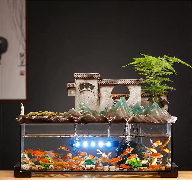 Countryside Village Rockery Water Fountain Fish Tank Office Desktop Aquarium Housewarming Gift Zen Garden Aquarium