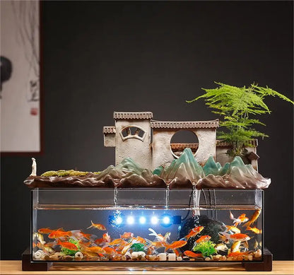 Countryside Village Rockery Water Fountain Fish Tank Office Desktop Aquarium Housewarming Gift Zen Garden Aquarium