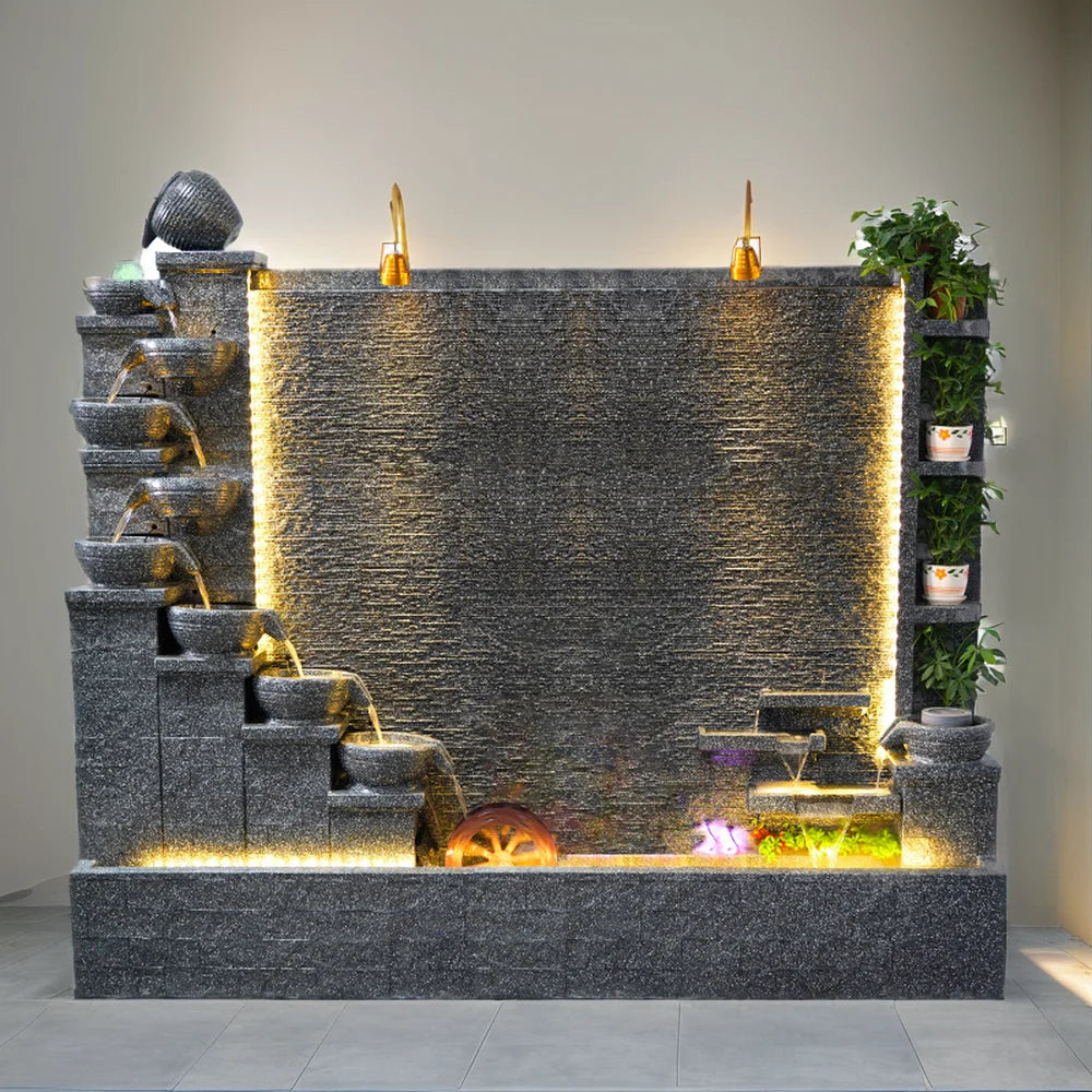 Zen Garden Water Fountain with Led Lights  Big Cement River Streaming Waterfall Features for Patio Garden Decor