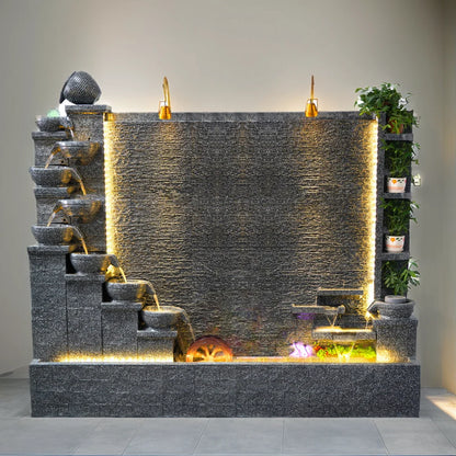 Zen Garden Water Fountain with Led Lights  Big Cement River Streaming Waterfall Features for Patio Garden Decor