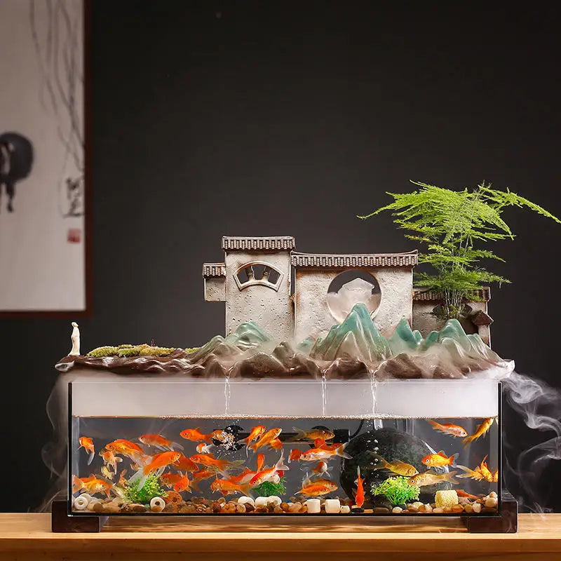 Countryside Village Rockery Water Fountain Fish Tank Office Desktop Aquarium Housewarming Gift Zen Garden Aquarium