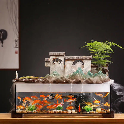 Countryside Village Rockery Water Fountain Fish Tank Office Desktop Aquarium Housewarming Gift Zen Garden Aquarium
