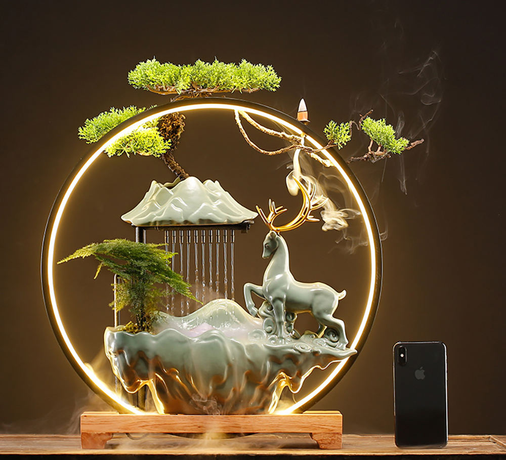 Creative Indoor Simulation Resin Rockery Waterscape Feng Shui Water Fountain Home Office Desktop Spray Humid Decoration Crafts