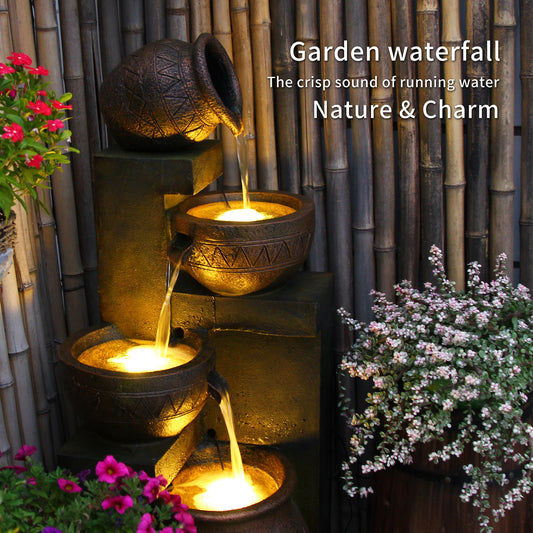 Garden Decoration Meditation Zen Lobby Decor Retro Mid-Century triple flow Water Fountain,Yard Fountain Sitting Area