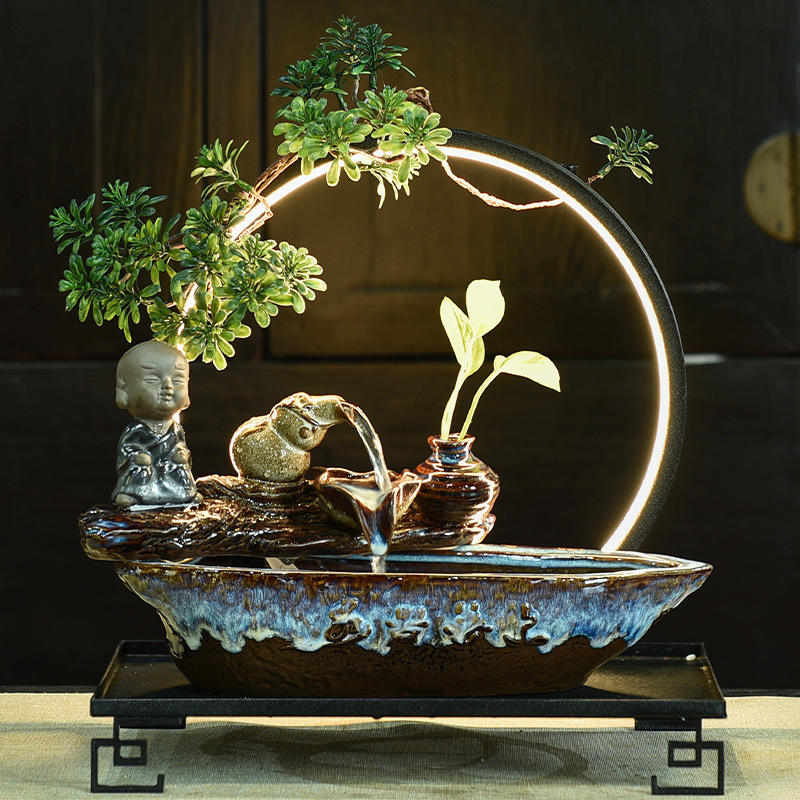 Lamp Creative Circulating Tabletop Fountains Waterfalls Ceramic Feng Shui Home Decoration LED Night Light