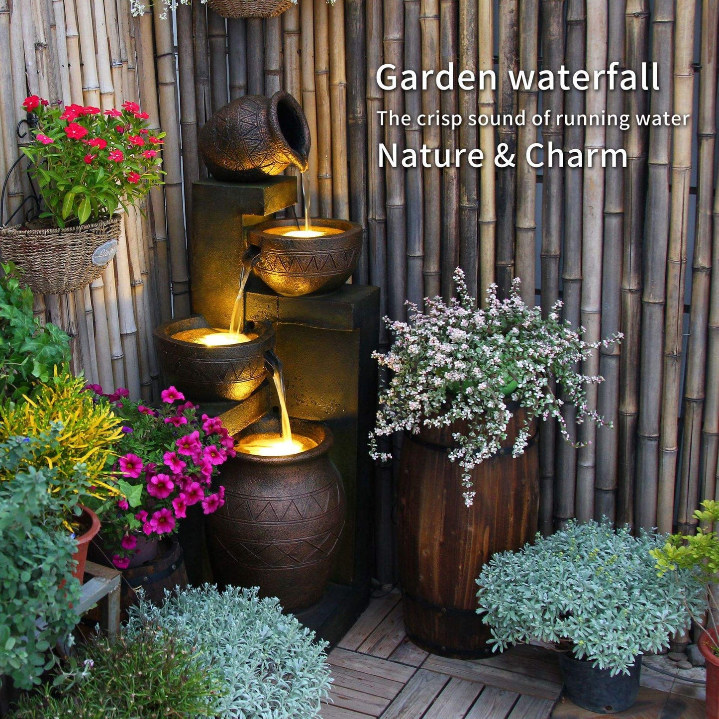 Garden Decoration Meditation Zen Lobby Decor Retro Mid-Century triple flow Water Fountain,Yard Fountain Sitting Area