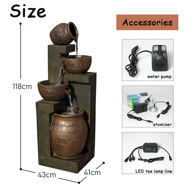 Garden Decoration Meditation Zen Lobby Decor Retro Mid-Century triple flow Water Fountain,Yard Fountain Sitting Area