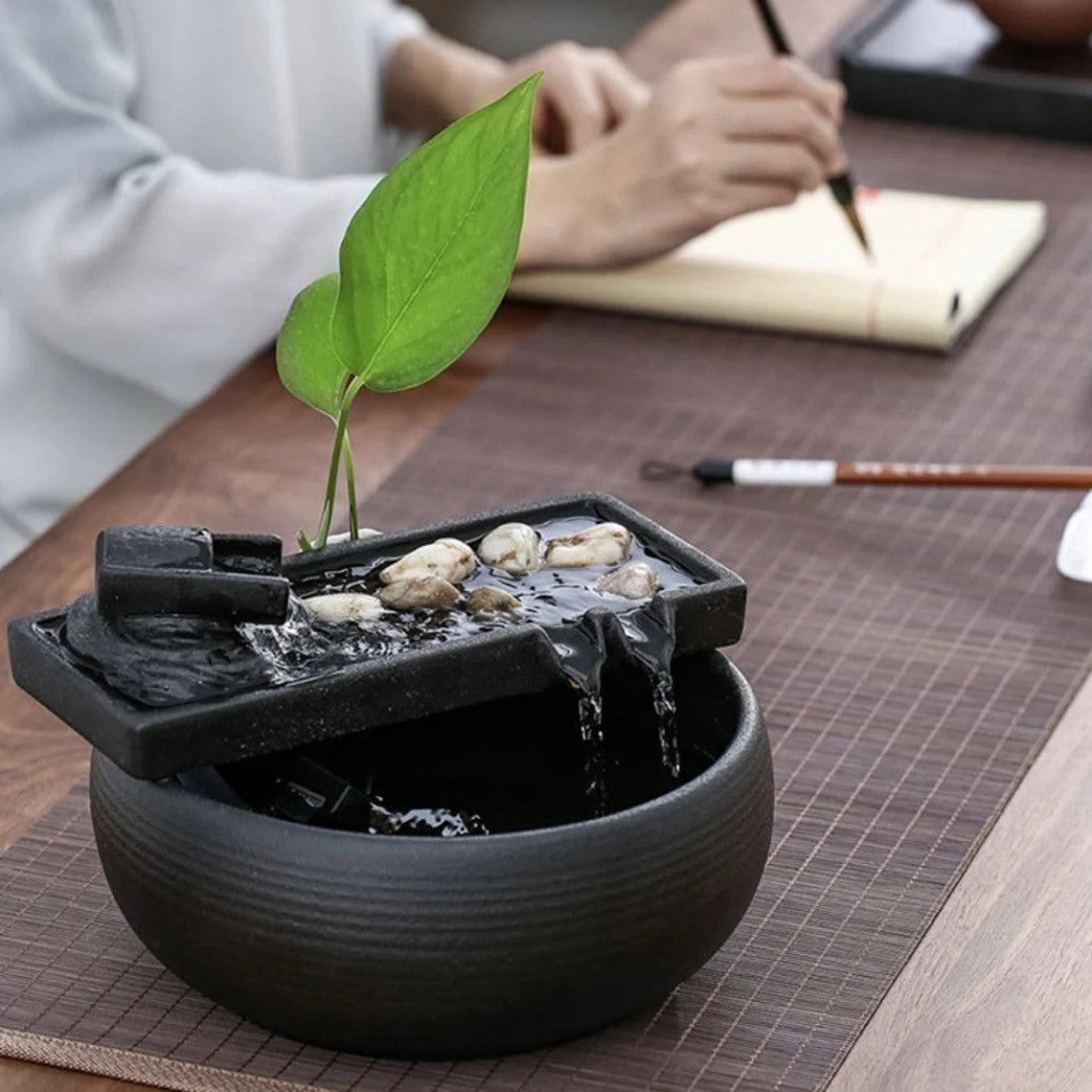 Fengshui small Indoor Black Ceramic Water Fountain Set | Inkstone flowing water decor | lucky tea table fountain | Office Zen gift
