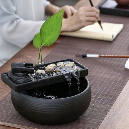 Fengshui small Indoor Black Ceramic Water Fountain Set | Inkstone flowing water decor | lucky tea table fountain | Office Zen gift