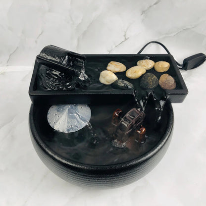 Fengshui small Indoor Black Ceramic Water Fountain Set | Inkstone flowing water decor | lucky tea table fountain | Office Zen gift