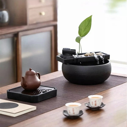 Fengshui small Indoor Black Ceramic Water Fountain Set | Inkstone flowing water decor | lucky tea table fountain | Office Zen gift