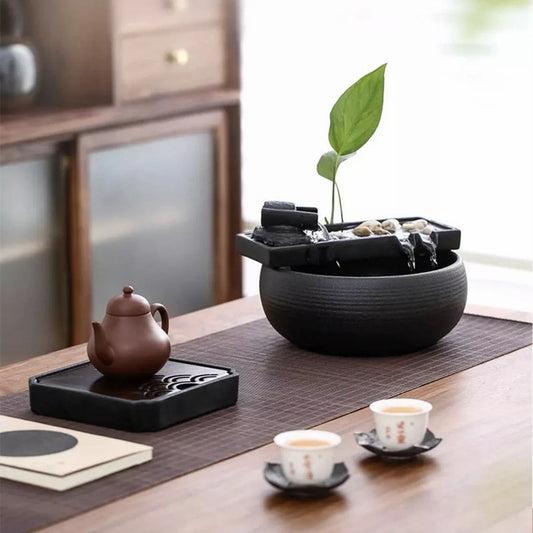 Fengshui small Indoor Black Ceramic Water Fountain Set | Inkstone flowing water decor | lucky tea table fountain | Office Zen gift