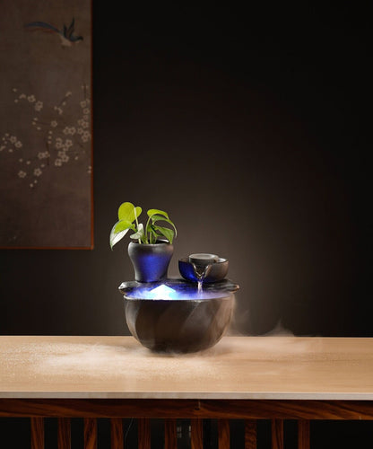 Japanese Small Indoor Black Ceramic Water Fountain Set | Fortune flowing water decor | lucky tea table fountain | Office Blessing Zen gift