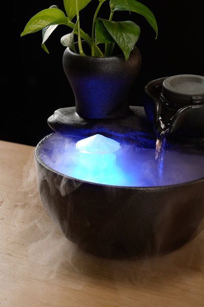 Japanese Small Indoor Black Ceramic Water Fountain Set | Fortune flowing water decor | lucky tea table fountain | Office Blessing Zen gift