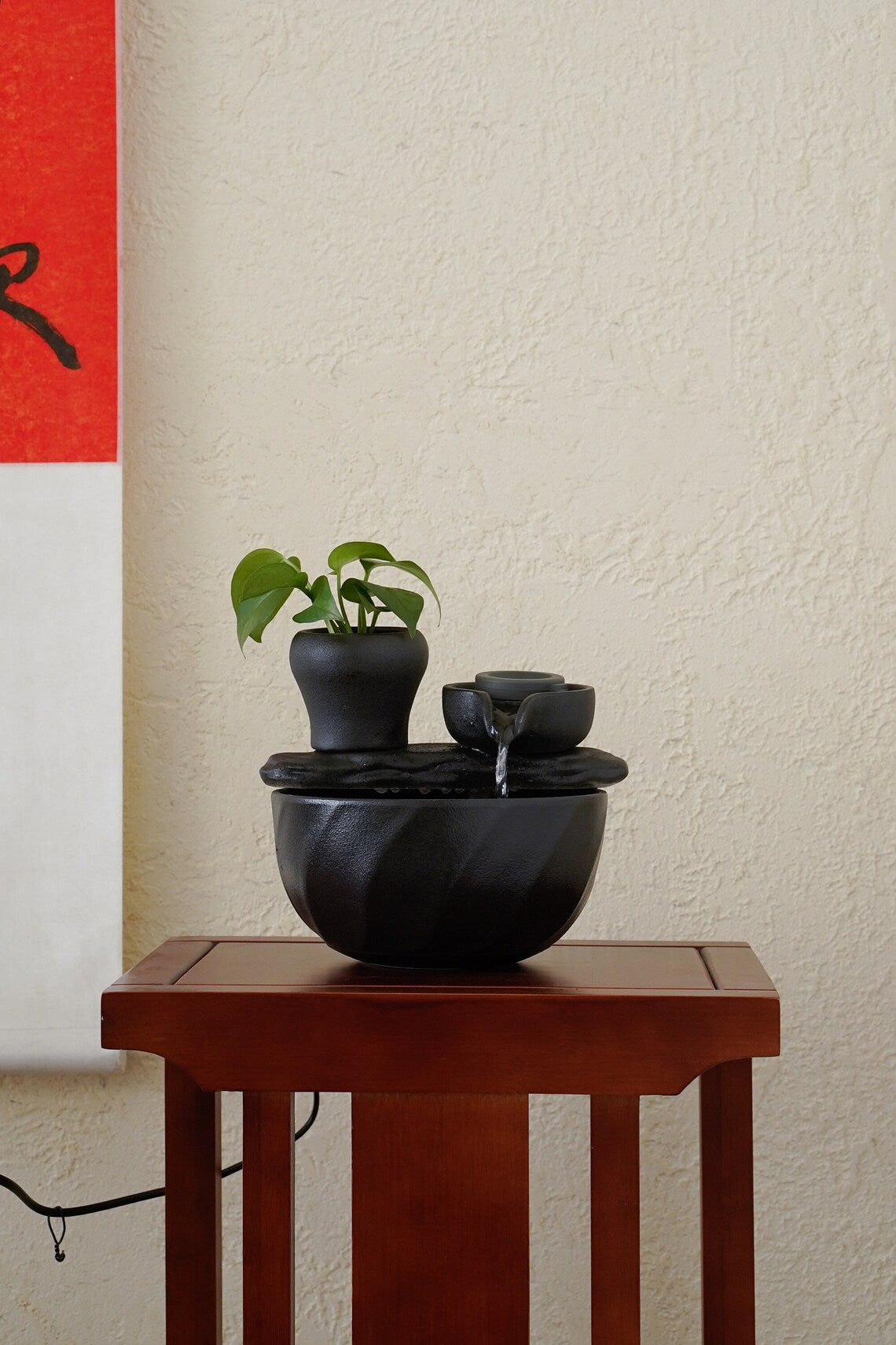 Japanese Small Indoor Black Ceramic Water Fountain Set | Fortune flowing water decor | lucky tea table fountain | Office Blessing Zen gift