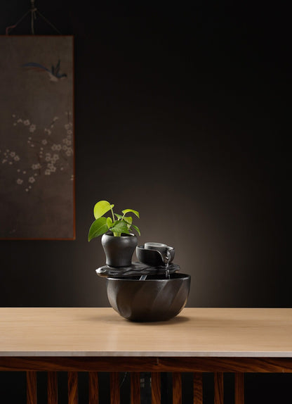 Japanese Small Indoor Black Ceramic Water Fountain Set | Fortune flowing water decor | lucky tea table fountain | Office Blessing Zen gift