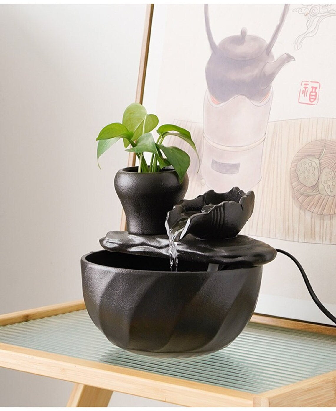 Japanese Small Indoor Black Ceramic Water Fountain Set | Fortune flowing water decor | lucky tea table fountain | Office Blessing Zen gift
