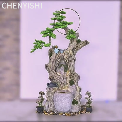 CHENYISHI Lucky Circulating Water Fountain Pastoral Ancient Wood Feng Shui Ornaments Home Living Room Entrance Courtyard Landscaping Decor