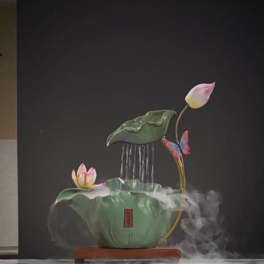 Lotus Ceramic Water Fountain Creative Home Decor Office Desktop Lucky Ornament with Waterfall Curtain  and LED Light