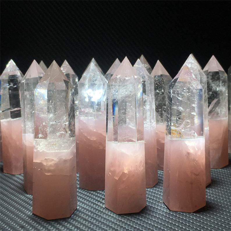 HOT SALE?Natural Rose Quartz and Clear Quartz and Amethyst Obelisk