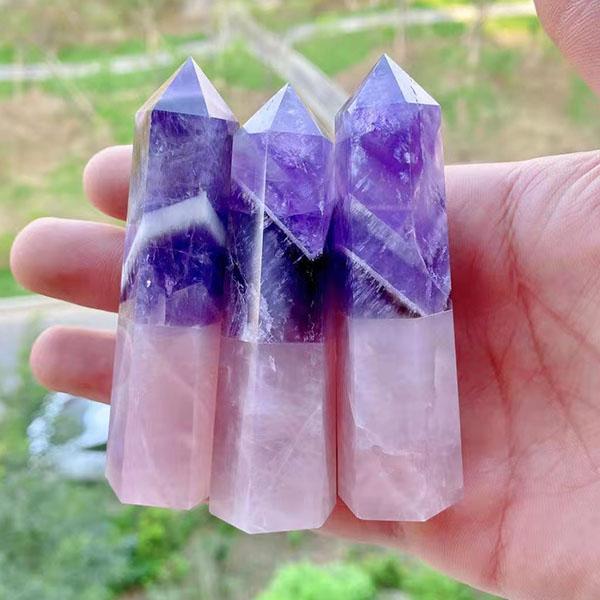 HOT SALE?Natural Rose Quartz and Clear Quartz and Amethyst Obelisk