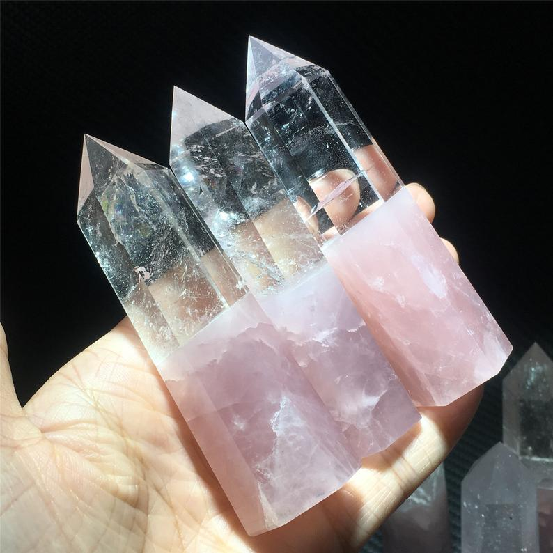 HOT SALE?Natural Rose Quartz and Clear Quartz and Amethyst Obelisk